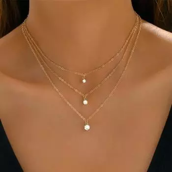 Женское ожерелье с круглым кулоном из горного хрусталя, три слоя, регулируемые, с увеличенной длиной, выпускной, вечеринка, шея, ювелирные изделия, свадебное ожерелье золотистый