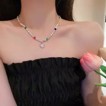 Женское ожерелье с кулоном в виде сердца, красочный камень, горный хрусталь, гальваническое покрытие из нержавеющей стали, легкий кулон для крутой девушки, ожерелье, подарок на день рождения, ювелирные изделия на шею