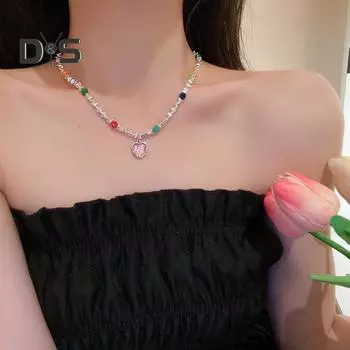 Женское ожерелье с кулоном в виде сердца, красочный камень, горный хрусталь, гальваническое покрытие из нержавеющей стали, легкий кулон для крутой девушки, ожерелье, подарок на день рождения, ювелирные изделия на шею разноцветный