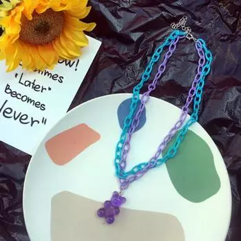 Женское ожерелье с медведем ярких цветов, акриловое многослойное ожерелье в стиле панк розовый