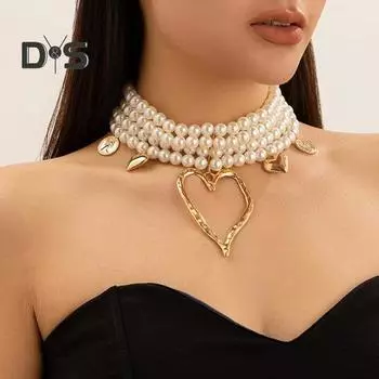Женское ожерелье с многослойной подвеской в виде большого полого сердца в винтажном преувеличенном стиле, регулируемая длина, полированный сплав, клубная вечеринка, выступление, чокер, шея C
