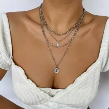 Женское ожерелье с многослойной подвеской в виде монеты, толстая полая цепь, регулируемая длина, гальваническое покрытие, хип-хоп серебряный