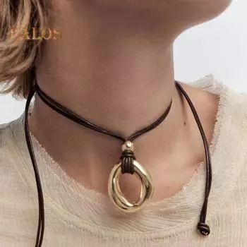 Женское ожерелье с подвеской из искусственной кожи, регулируемый неровный круглый кулон, завязывающийся узел, устойчивый к ржавчине, полированная поверхность, клубная вечеринка, чокер, шейное украшение серебряный