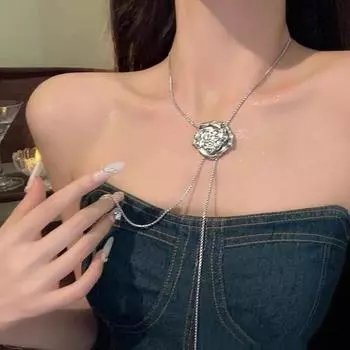 Женское ожерелье с подвеской в виде бабочки и розы, длинная кисточка, регулируемая гальванизированная цепочка из сплава на грудь, ожерелье из сплава на ключицу, колье, украшения для шеи, талии, ювелирные изделия Buttefly