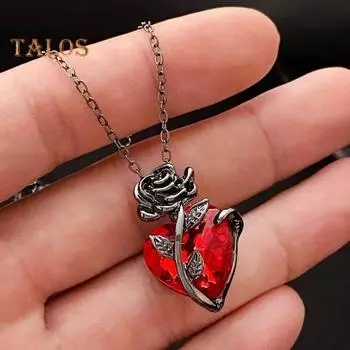 Женское ожерелье с подвеской в виде сердца в виде розы, ретро, регулируемая длина, полированное ожерелье со стразами, на ключицу, повседневная одежда, свадьбы, вечеринки, украшения для шеи прохладный черный
