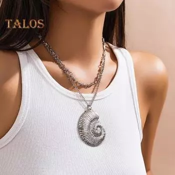Женское ожерелье с подвеской в виде морской улитки в богемном стиле, преувеличенное украшение для отдыха на пляже, регулируемая длина, для вечеринок и клуба, ключицы, шеи античный серебряного
