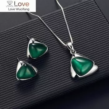 Женское ожерелье с подвеской в виде треугольника, серьги-гвоздики, комплект ювелирных изделий розовый