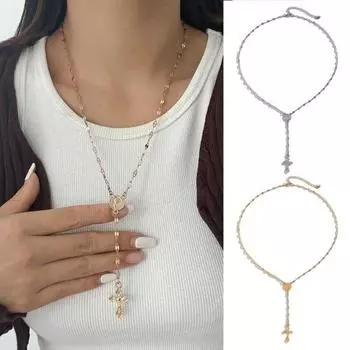 Женское ожерелье с подвеской в виде креста, регулируемая удлиненная цепь, гальванизированная полая цепь из сплава серебряный