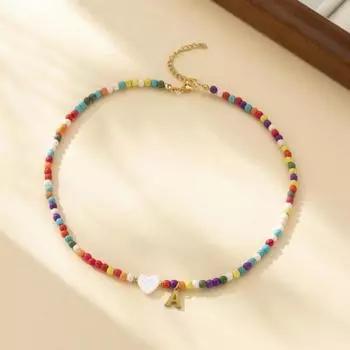 Женское ожерелье с подвеской в виде буквы и сердца, регулируемая удлиненная длина, в стиле ретро, этнический стиль, разноцветные рисовые бусины, гладкая шея, женское колье, подарок для лучшей подруги I