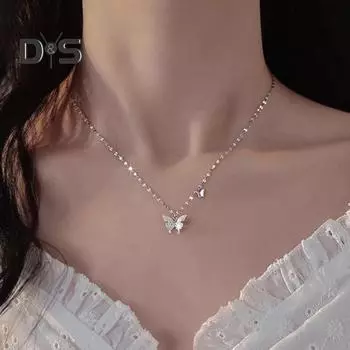 Женское ожерелье с подвеской в виде бабочки, регулируемое, с удлиненной медной полой цепочкой, женское ожерелье на ключицу, ювелирное украшение на шею серебряный