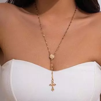 Женское ожерелье с подвеской в виде креста, регулируемая удлиненная цепь, гальванизированный сплав, полая цепь, женская ключица серебряный