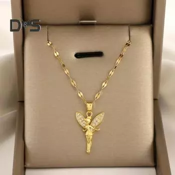 Женское ожерелье с подвеской в виде цветочной феи, декором из стразов, регулируемой цепочкой, стильное ожерелье из сплава для повседневной носки и подарков золотистый