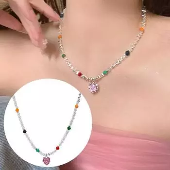 Женское ожерелье с сердечком и стразами, гальваническое ожерелье из нержавеющей стали, легкий кулон для девочек, подарок на день рождения разноцветный
