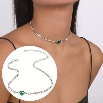 Женское ожерелье со стразами, однослойное однослойное однотонное украшение из нержавеющей стали для шеи, ювелирные изделия для выпускного вечера, банкета зелёный