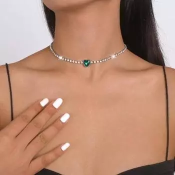 Женское ожерелье со стразами, однослойное однослойное однотонное украшение из нержавеющей стали на шею, ювелирные изделия для выпускного вечера, вечеринки, банкета, колье для невесты зелёный