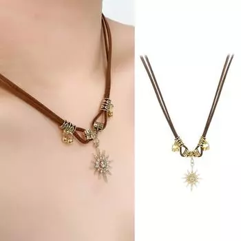 Женское ожерелье со стразами, солнечная веревка, этническая регулируемая длина, винтажный кулон, европейско-американский ретро-литературный кулон