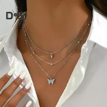 Женское ожерелье со стразами, трехслойная подвеска в виде бабочки, регулируемая с увеличенной длиной, выпускной вечер, шея, ювелирные изделия, свадебное ожерелье серебряный