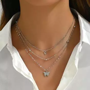 Женское ожерелье со стразами, трехслойная подвеска в виде бабочки, регулируемая с увеличенной длиной, выпускной вечер, шея, ювелирные изделия, свадебное ожерелье серебряный