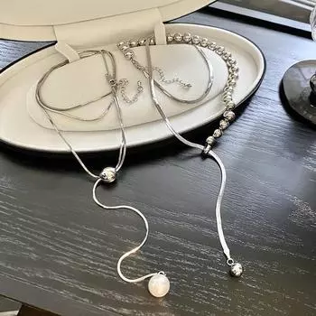 Женское ожерелье-свитер с длинными кисточками и белым жемчугом Shijiaao RF331 серебряный