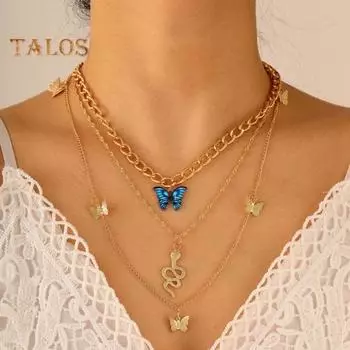 Женское ожерелье, трехслойная полая цепочка, кулон в виде бабочки и змеи, ретро, регулируемый, золотистого цвета, повседневная одежда, вечеринки, украшения на шею золотистый