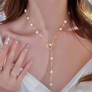 Женское ожерелье, удлинительная цепочка в форме цветка, выдалбливают искусственный жемчуг, регулируется, украшение для шеи, выпускного вечера золотистый