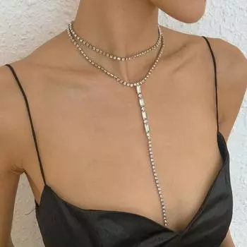 Женское ожерелье, украшение на грудь, блестящая цепь на груди, на спине, со стразами, двухслойная, преувеличенная, регулируемая, изысканная серебряный