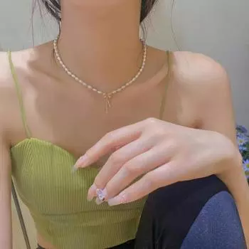 Женское ожерелье, универсальное платье с бантом, наряд из искусственного жемчуга, колье для девочек, ювелирные изделия, цепочка на ключицу