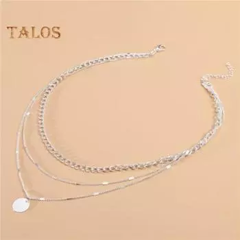Женское ожерелье в стиле хип-хоп, трехслойное, регулируемое, с удлиненной полой цепочкой, круглый кулон, женское ожерелье на ключицу, ювелирное украшение на шею серебряный