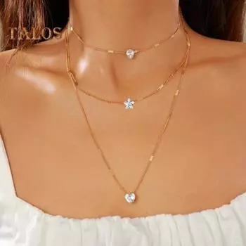 Женское ожерелье в стиле хип-хоп, трехслойное, регулируемое, с удлиненной полой цепочкой, круглый кулон, женское ожерелье на ключицу, ювелирное украшение на шею A