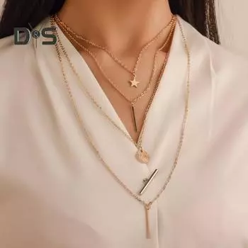 Женское ожерелье в стиле хип-хоп, трехслойное, регулируемое, с удлиненной полой цепочкой, круглый кулон, женское ожерелье на ключицу, ювелирное украшение на шею A