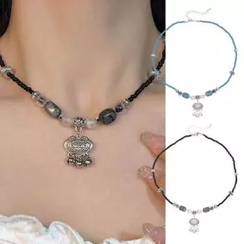 Женское ожерелье в стиле ретро из бисера в этническом стиле Safty Good Luck Регулируемая длина Цветочный декор Колье на шею чёрный