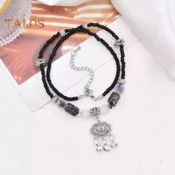 Женское ожерелье в стиле ретро в китайском стиле из бисера в этническом стиле Safty Good Luck Регулируемая длина Цветочный декор Колье на шею Ювелирные изделия Аксессуар Hanfu чёрный