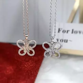 «Женское ожерелье в виде бабочки из четырех листьев в японском и корейском стиле»: Высококачественная подвеска на ключицу с бриллиантами, модная и легкая роскошь, нишевый дизайн. розового золота