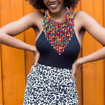 Женское ожерелье, винтажные многослойные красочные бусины ручной работы, очаровательный индивидуальный нагрудник в стиле бохо с кисточками из дерева, бисером A