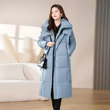 Женское пальто 2024 года из высококачественного белого утиного пуха с утолщенным капюшоном, модное свободное и тонкое длинное женское пальто S синий