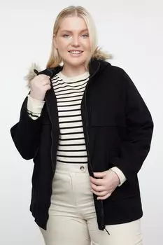 Женское пальто больших размеров, черное меховое кашемировое пальто обычного кроя с капюшоном