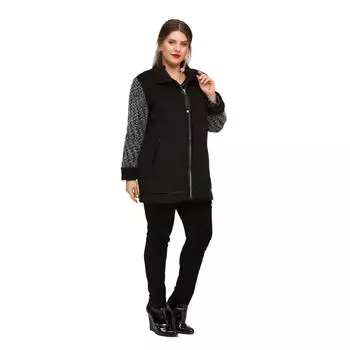 Женское пальто больших размеров Fierte Lm46190 Воротник Застежка-молния Полоса Деталь Карман из смесовой шерсти Cachet Boucle Combine Black