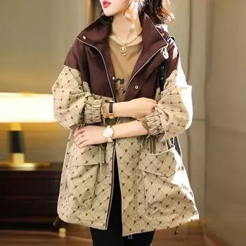 Женское пальто больших размеров с капюшоном в корейском стиле и буквами с цветным принтом свободного кроя M хаки