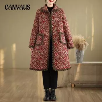 Женское пальто больших размеров в этническом стиле с подкладкой, теплая хлопковая куртка с отворотами, куртка средней длины, зимняя свободная куртка с принтом в стиле ретро L красный