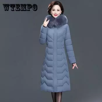 Женское пальто большого размера с длинными секциями, тонкое пуховое пальто с хлопковой подкладкой и меховым воротником с капюшоном, хлопковое пуховое пальто XL чёрный