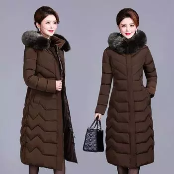 Женское пальто большого размера с длинными секциями, тонкое пуховое пальто с хлопковой подкладкой и меховым воротником с капюшоном, хлопковое пуховое пальто XL чёрный