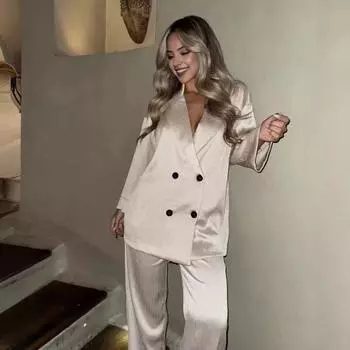 Женское пальто Брюки Глубокий V-образный вырез с лацканами Двубортный кардиган средней длины Куртка с длинными рукавами Прямая широкая нога M