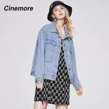 Женское пальто Cinemore, новинка 2022 года, объемная джинсовая куртка с длинными рукавами и вышивкой, однотонные лацканы для отдыха, весна-осень, теплая джинсовая куртка N6320