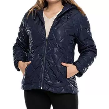 Женское пальто Fierte больших размеров Cbn24550 с фиксированным капюшоном и застежкой-молнией, стеганое со спортивным карманом и подкладкой с собственным рисунком