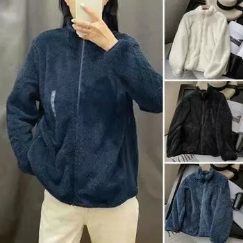 Женское пальто, флисовая пушистая куртка, пальто с теплой женской плюшевой застежкой-молнией M темно-синий