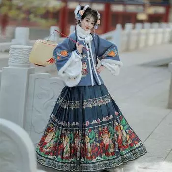 Женское пальто ханьфу в стиле китайской династии Мин с квадратным воротником и короткими рукавами, повседневный осенне-зимний утепленный бархатный костюм L синий