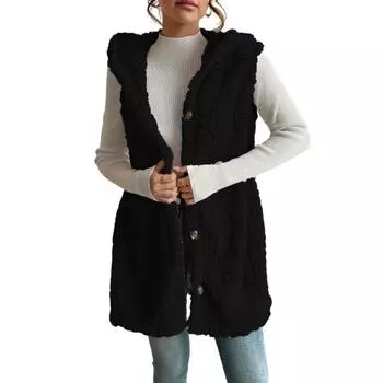 Женское пальто-худи без рукавов на пуговицах, пушистое из искусственного меха, оверсайз, текстурированный жилет с капюшоном, осенняя верхняя одежда M