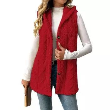 Женское пальто-худи без рукавов на пуговицах, пушистое из искусственного меха, оверсайз, текстурированный жилет с капюшоном, осенняя верхняя одежда S