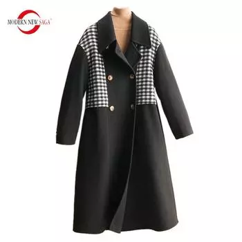 Женское пальто из 100% шерсти, СОВРЕМЕННОЕ НОВОЕ Осеннее шерстяное пальто SAGA, свободное клетчатое пальто, твидовая длинная куртка, женские зимние шерстяные длинные пальто M чёрный