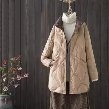 Женское пальто из белого утиного пуха, зимнее, со стойкой, длинным рукавом, тонкое, легкое, свободного кроя, повседневное, однобортное, однотонное S хаки